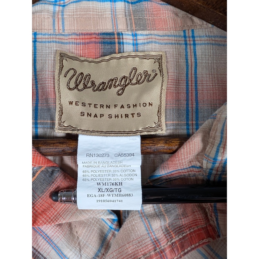 Wrangler Western Fashion Snap Shirt Mens XL Orange Plaid Pearl Snap WM176KH - Picture 4 of 9